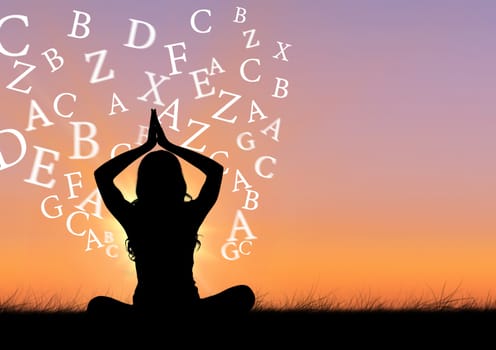 Digital composite of woman doing yoga silhouette with text around her