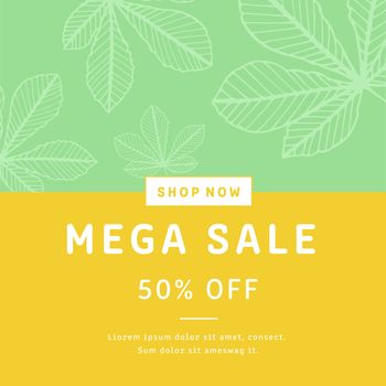 Mega sale brochure card with leaf on green background