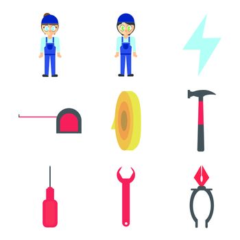 Vector set of workers and equipments against white background