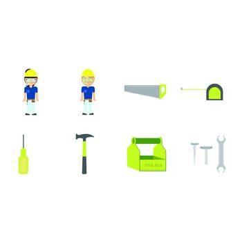 Vector icons of construction workers and equipments against white background