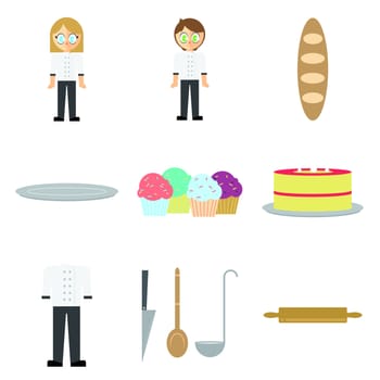 Vector icons of male and female bakers against white background