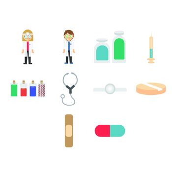 Vector set of doctors and medical equipments against white background