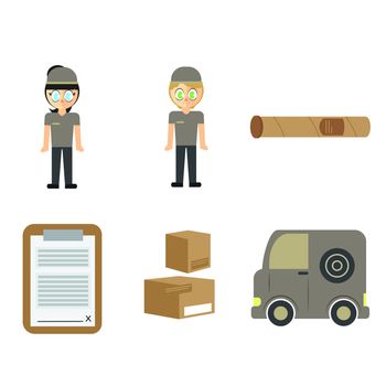 Vector set of delivery man and cargo equipments against white background