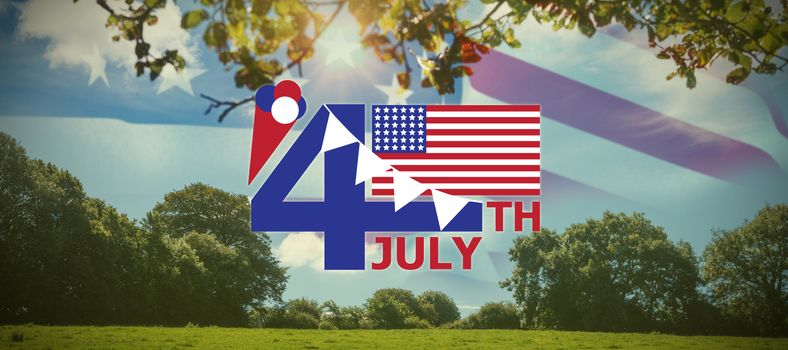 Vector image of 4th July text with flag and decoration  against green field