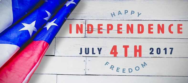 Computer graphic image of happy 4th of july text against wood panelling