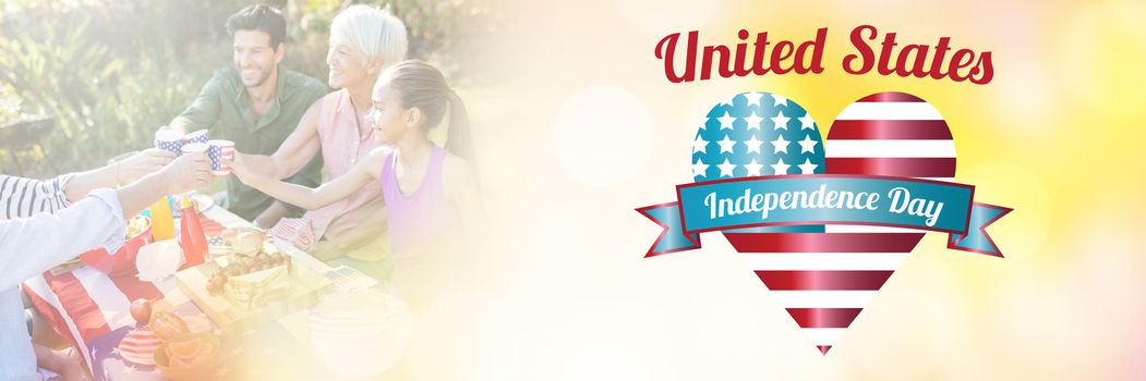 Digitally generated image of united state independence text with heart shape against happy family having a picnic