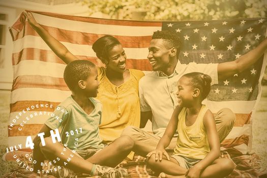 Multi colored happy 4th of july text against white background against happy family showing with usa flag