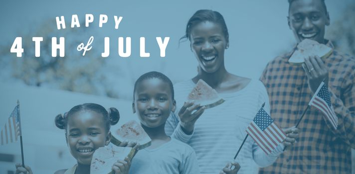 Digitally generated image of happy 4th of july text against happy family eating watermelon and showing usa flag 