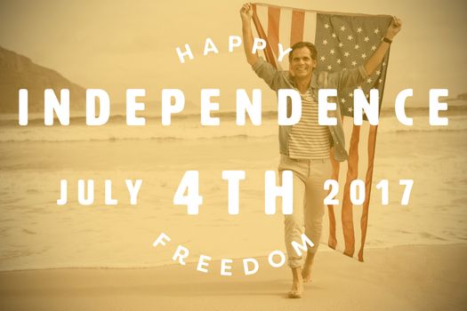 Computer graphic image of happy 4th of july text against full length of happy man carrying american flag 