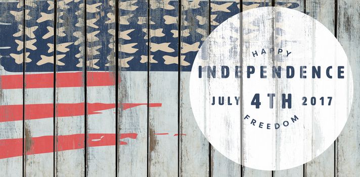 Computer graphic image of happy 4th of july text against wood background