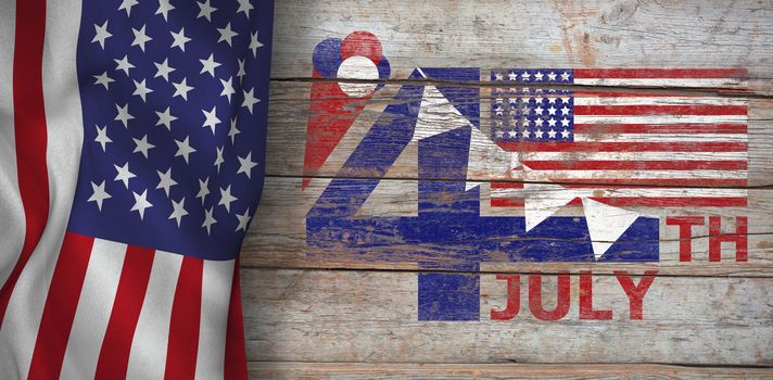 Vector image of 4th July text with flag and decoration  against full frame of wooden wall