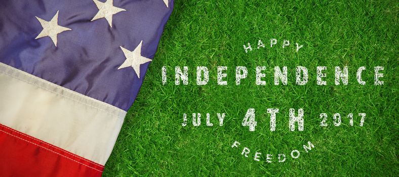 Computer graphic image of happy 4th of july text against closed up view of grass