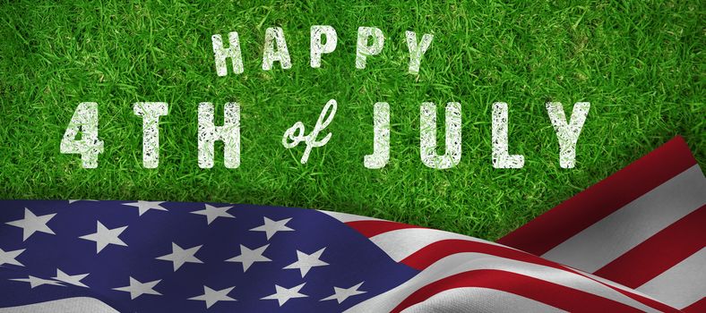 Digitally generated image of happy 4th of july text against closed up view of grass