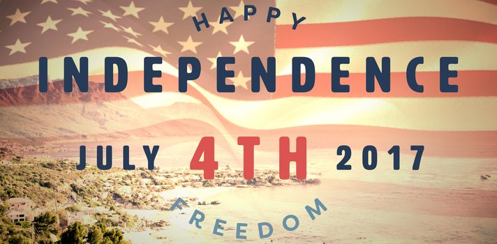 Computer graphic image of happy 4th of july text against view of beautiful coastline