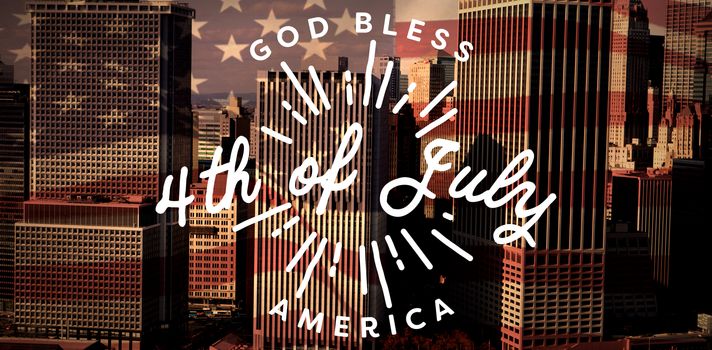 Digitally generated image of happy 4th of july message against high angle view of modern buildings