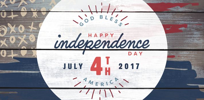 Digitally generated image of happy 4th of july text against wood