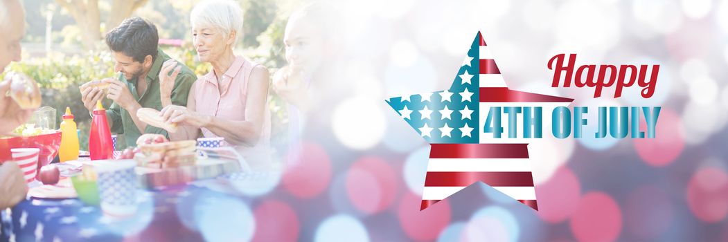 Digitally generated image of American flag with text against happy family having a picnic