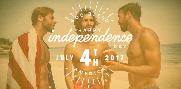 Digitally generated image of happy 4th of july text against smiling friends at the beach