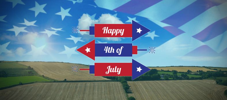 Digitally generated image of rockets with happy 4th of july text  against country scene