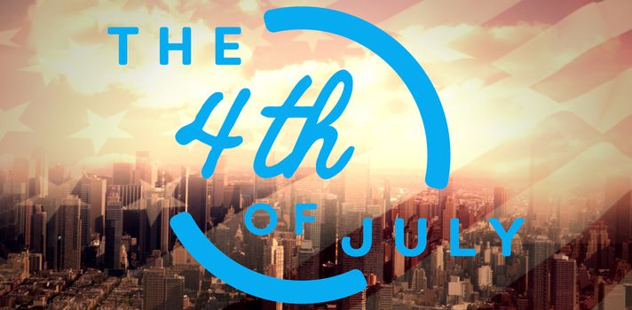 Colorful happy 4th of july text against white background against high angle view of city against blue sky