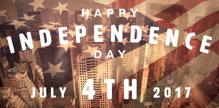 Happy 4th of july text on white background against high angle view of downtown district in city 