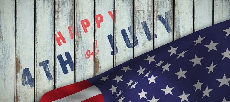 Digitally generated image of happy 4th of july text against wood background