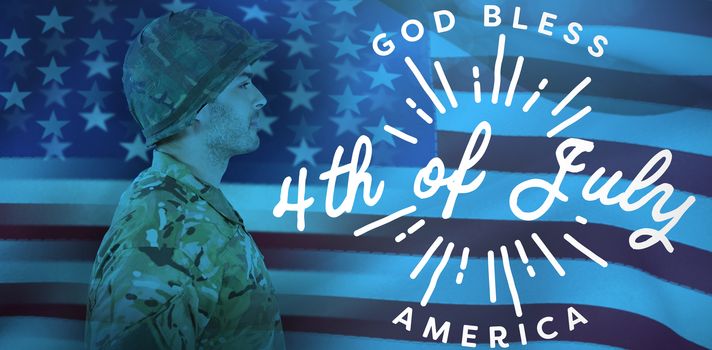 Side view of confident soldier in uniform standing against digitally generated image of happy 4th of july message