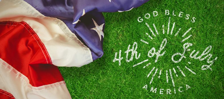 Digitally generated image of happy 4th of july message against closed up view of grass