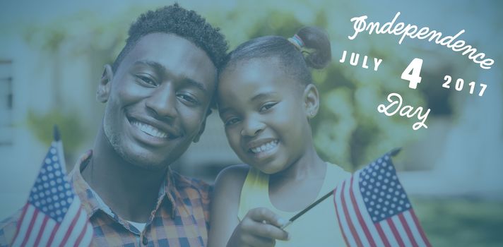 Digitally generated image of happy 4th of july message against portrait of smiling father and daughter holding american flags 