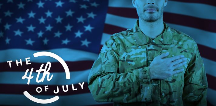 Mid section of soldier taking oath against colorful happy 4th of july text against white background