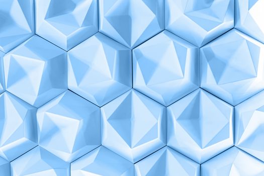 3D decorative wall for the interior of an unusual hexagonal geometric shape, similar to a honeycomb. Classic blue abstract texture