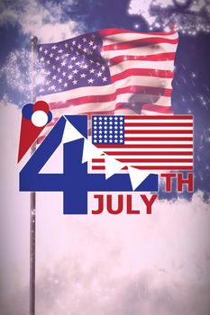 Vector image of 4th July text with flag and decoration  against white fireworks exploding on black background