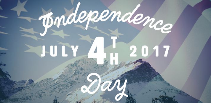 Digitally generated image of happy 4th of july message against scenic view of snow covered mountains