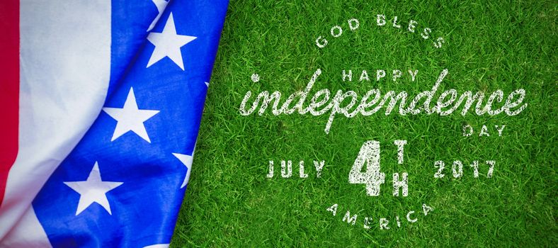 Digitally generated image of happy 4th of july text against closed up view of grass