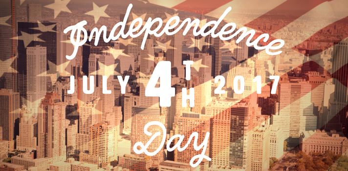Digitally generated image of happy 4th of july message against high angle view of city by river