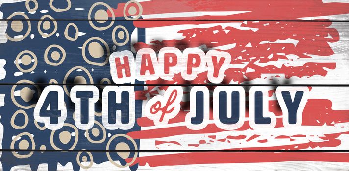 Digitally generated image of happy 4th of july text against wood