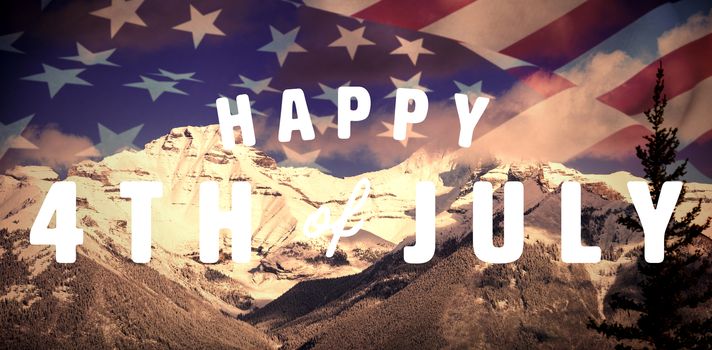 Digitally generated image of happy 4th of july text against scenic view of snowy mountain range