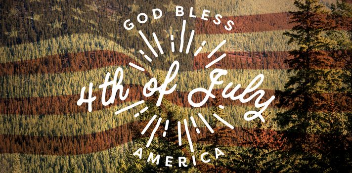 Digitally generated image of happy 4th of july message against scenic view of forest 