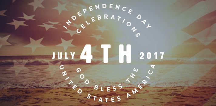 Multi colored happy 4th of july text against white background against beach