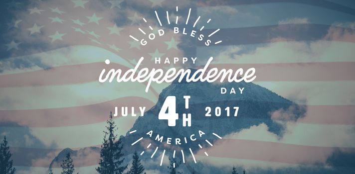 Digitally generated image of happy 4th of july text against snowy mountain range against sky