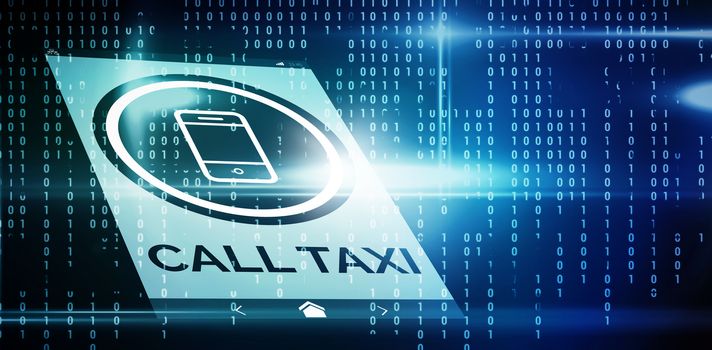 Vector image of call taxi text with mobile icon  against blue technology interface with binary code