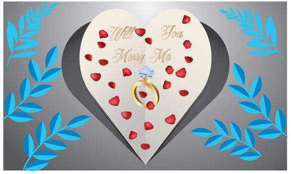 paper cut heart on abstract floral background with ring and rose petals