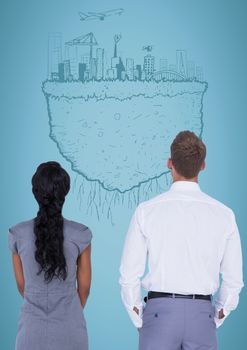 Digital composite of Back of business people against blue background and city earth doodle
