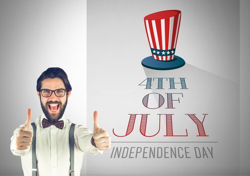 Digital composite of Business man with thumbs up against illustration for the 4th of july