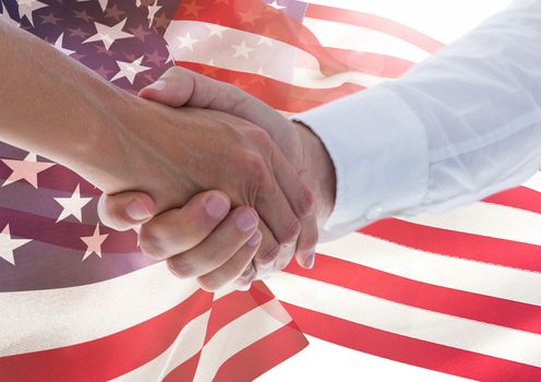 Digital composite of people shaking their hands against american flag