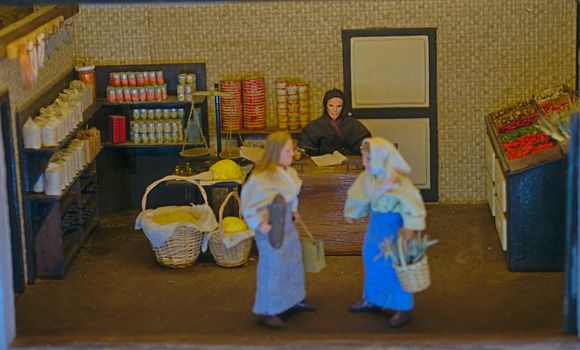 Small scale model of an old style grocery store