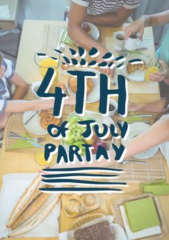 Digital composite of Blue and white fourth of July party graphic against overhead of family eating at table