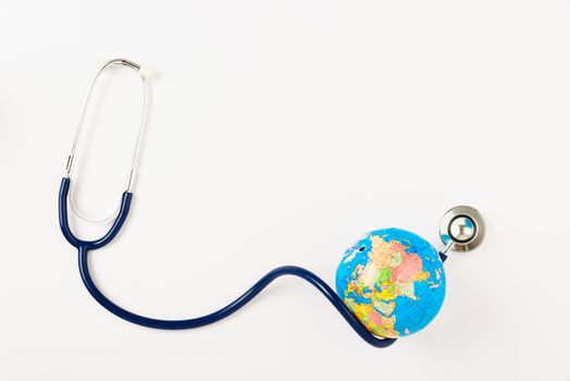 World health day concept, Stethoscope and globe on white background with copy space. Global health care