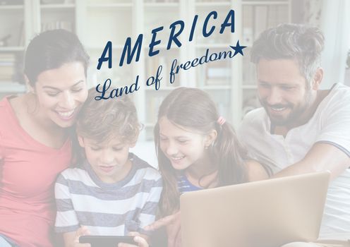 Digital composite of Happy american family looking at the digital tablet for the 4th of July