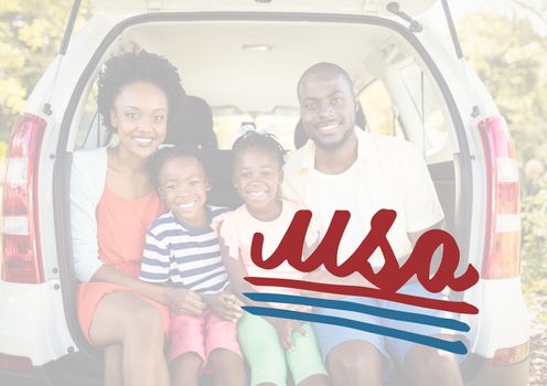 Digital composite of Smiling family in the car boot for the 4th of July